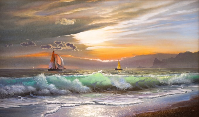 Oil painting on canvas , sailboat against a background of sea sunset